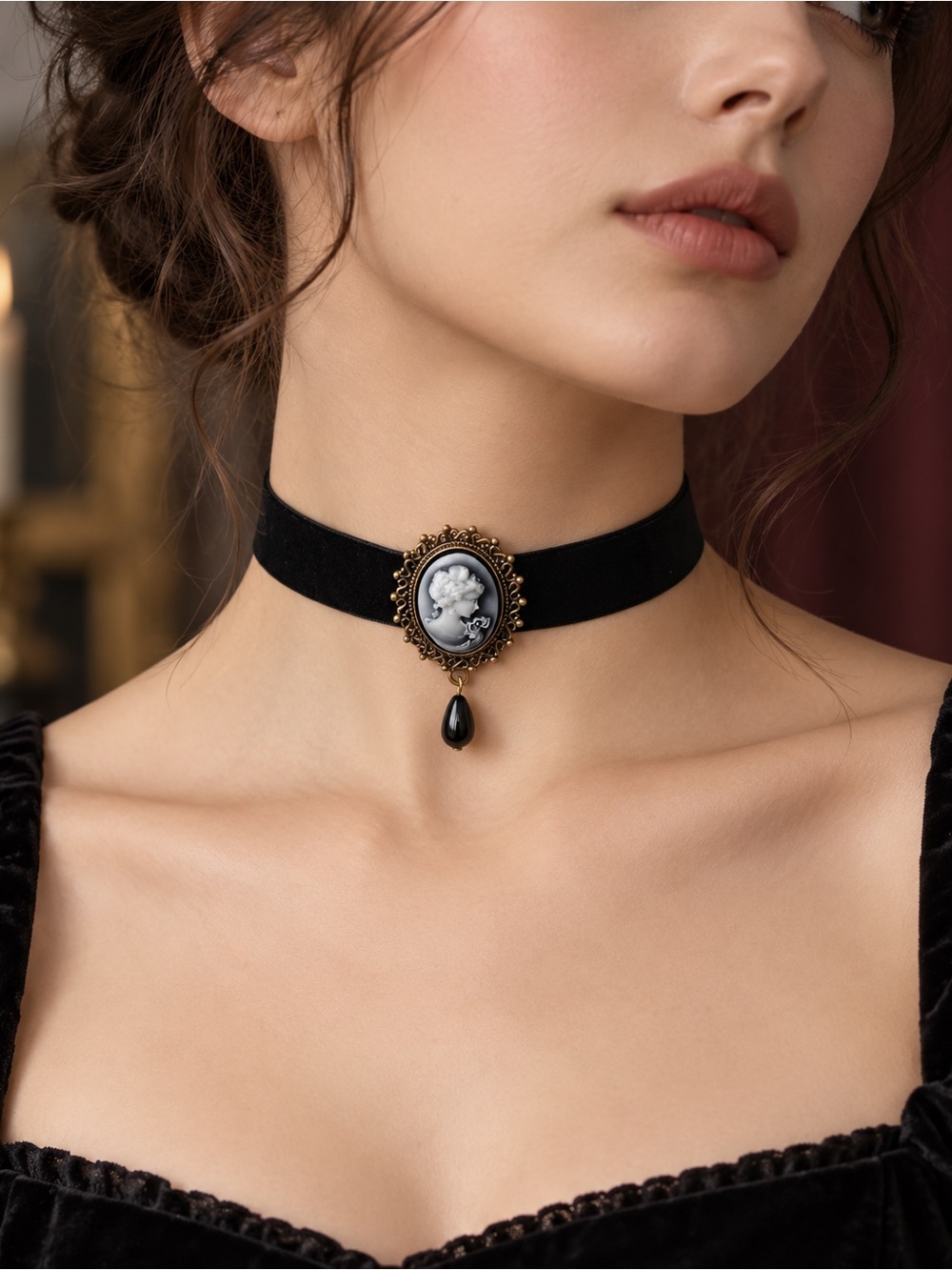 Victorian Black Cameo Velvet Choker
